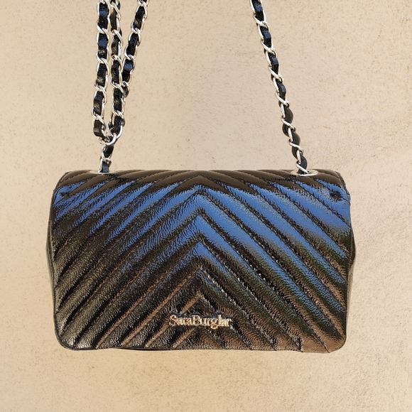 Sara Burglar Black Chevron Quilted Leather Flap Bag Purse - Picture 2 of 5
